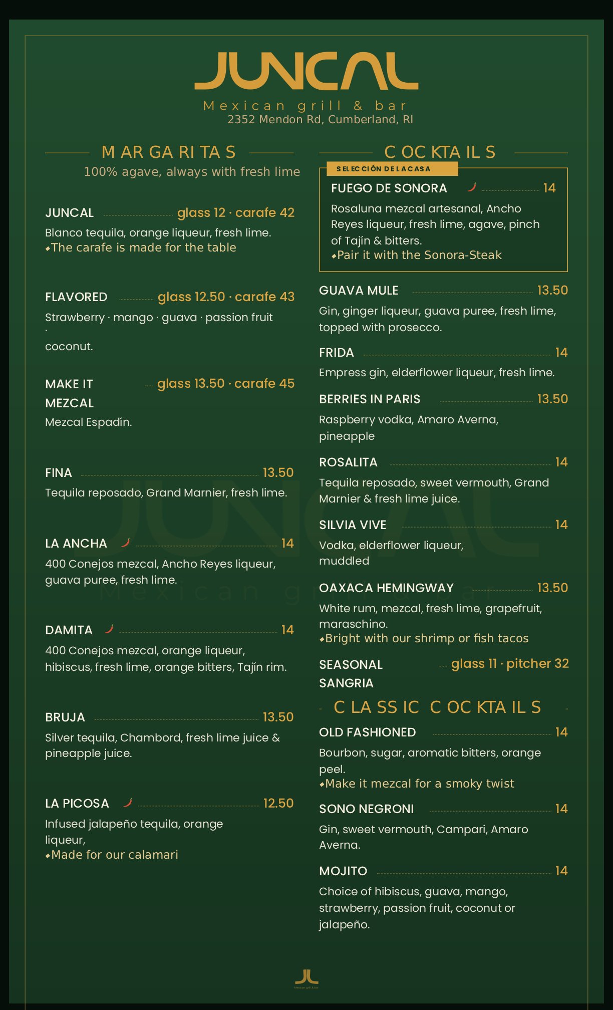 Juncal Mexican Grill Drinks Menu Page 1
