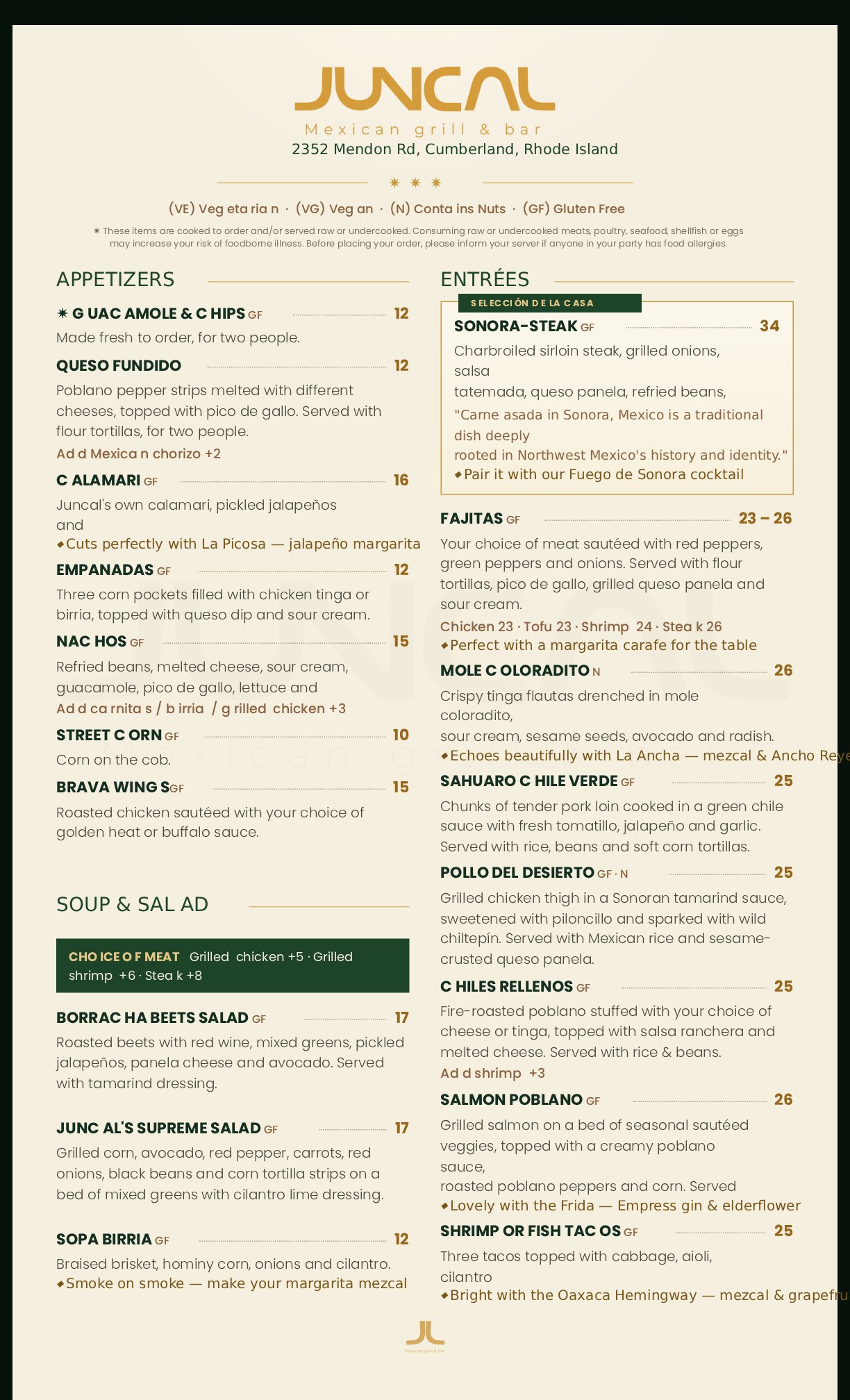 Juncal Mexican Grill Food Menu Page 1